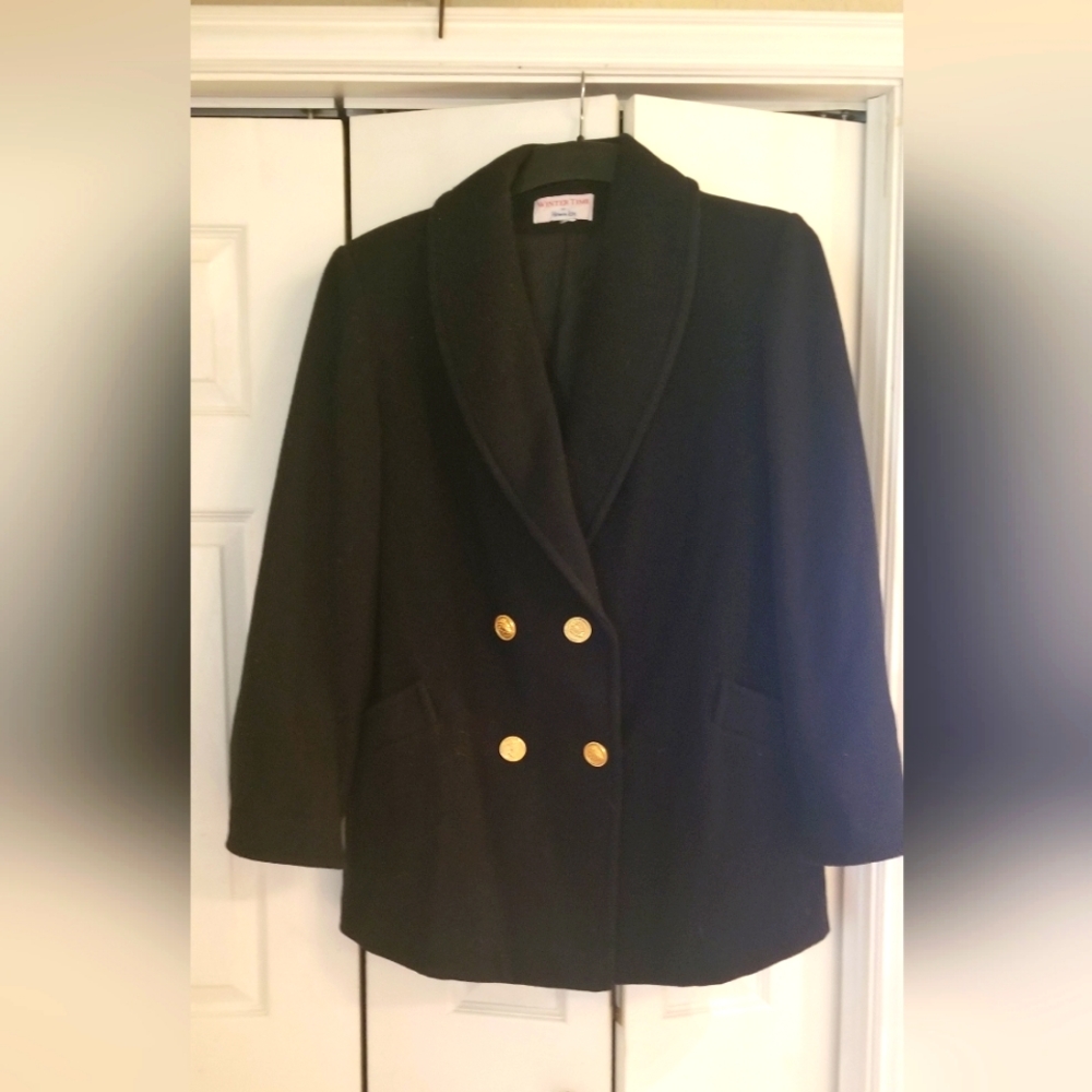 Vintage Herman Kay Ladies Pea Coat 100% Wool Black XL Great Condition